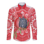 Australia Gang-gang Cockatoo Christmas Long Sleeve Button Shirt Eucalyptus Blossoms Aboriginal Merry Xmas - Aussie Hoodie