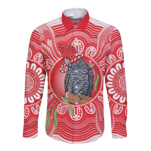 Australia Gang-gang Cockatoo Christmas Long Sleeve Button Shirt Eucalyptus Blossoms Aboriginal Merry Xmas - Aussie Hoodie
