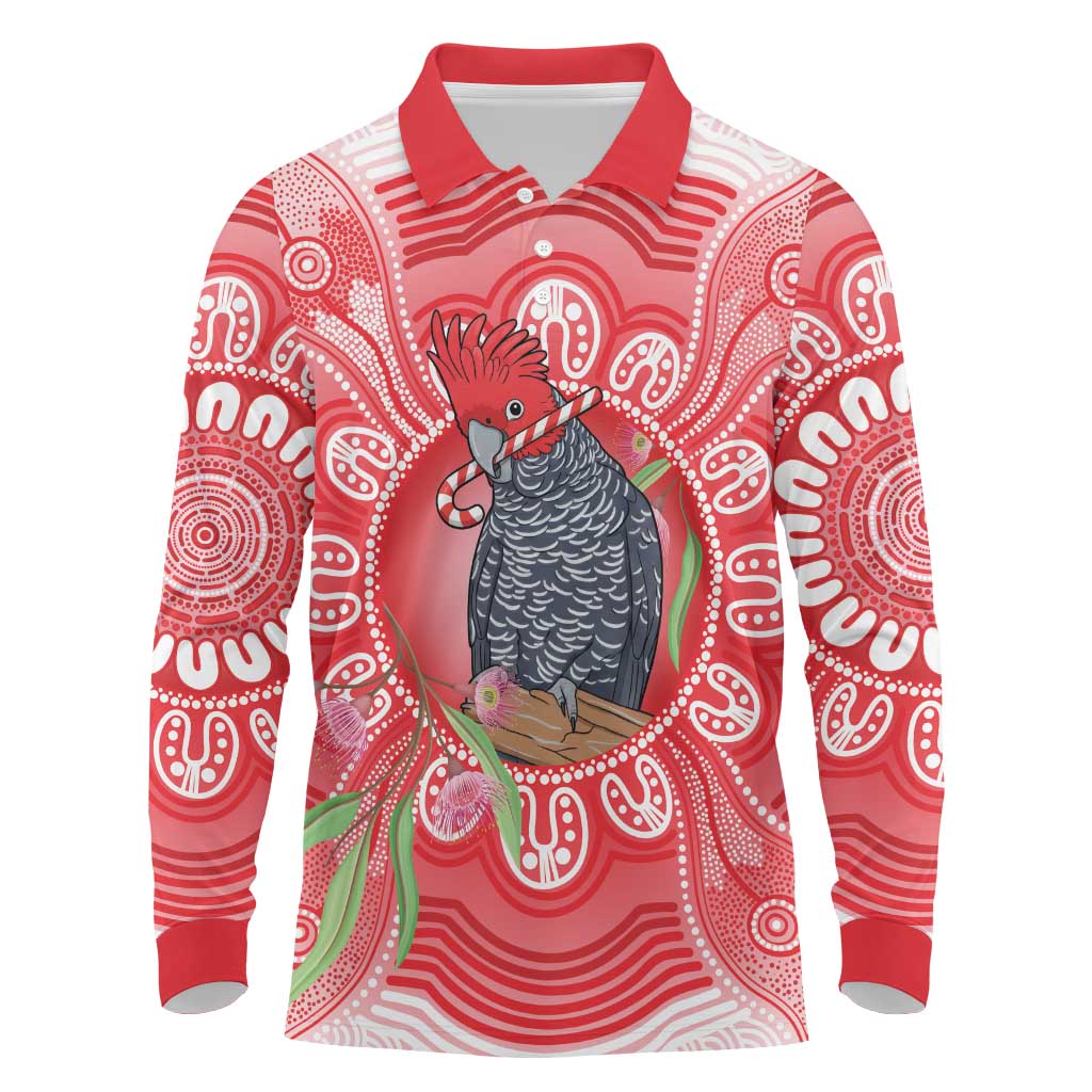Australia Gang-gang Cockatoo Christmas Long Sleeve Polo Shirt Eucalyptus Blossoms Aboriginal Merry Xmas - Aussie Hoodie