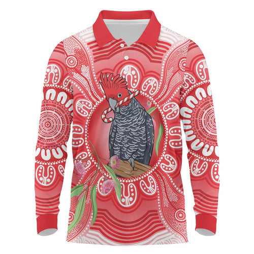 Australia Gang-gang Cockatoo Christmas Long Sleeve Polo Shirt Eucalyptus Blossoms Aboriginal Merry Xmas - Aussie Hoodie