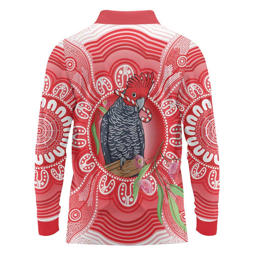Australia Gang-gang Cockatoo Christmas Long Sleeve Polo Shirt Eucalyptus Blossoms Aboriginal Merry Xmas - Aussie Hoodie