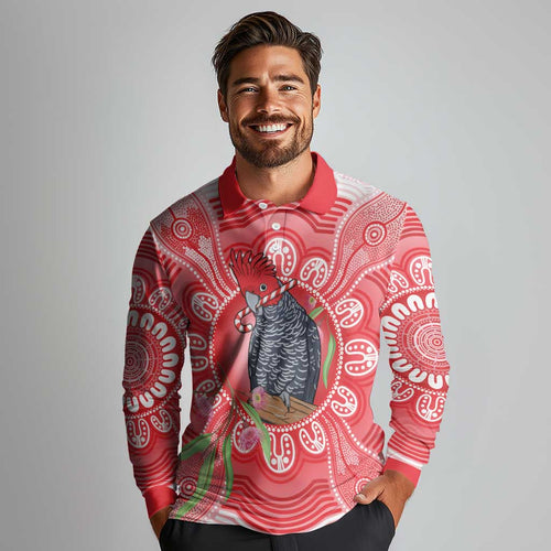 Australia Gang-gang Cockatoo Christmas Long Sleeve Polo Shirt Eucalyptus Blossoms Aboriginal Merry Xmas - Aussie Hoodie