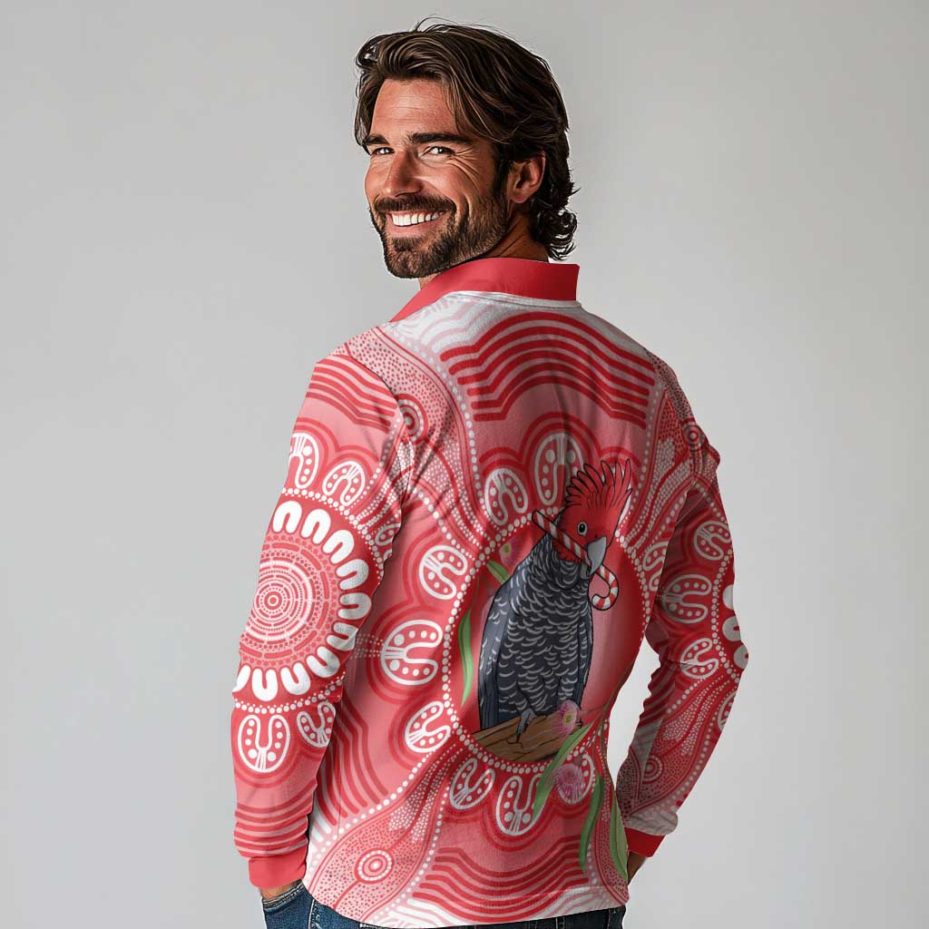 Australia Gang-gang Cockatoo Christmas Long Sleeve Polo Shirt Eucalyptus Blossoms Aboriginal Merry Xmas - Aussie Hoodie