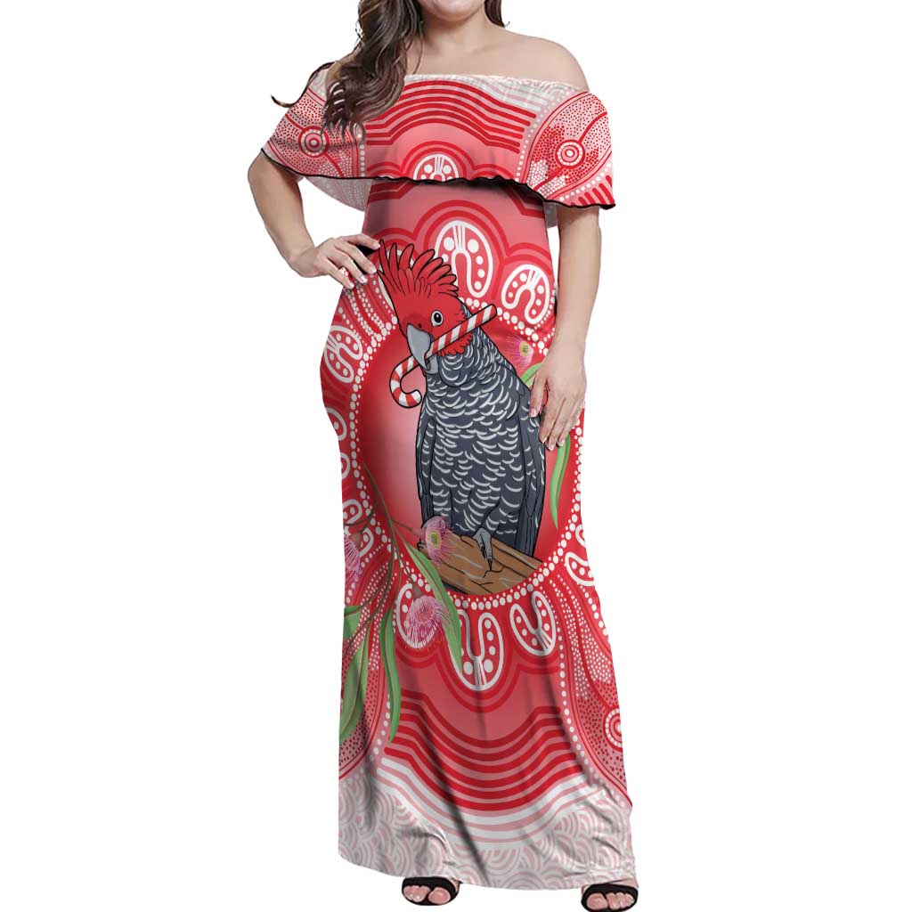 Australia Gang-gang Cockatoo Christmas Off Shoulder Maxi Dress Eucalyptus Blossoms Aboriginal Merry Xmas - Aussie Hoodie
