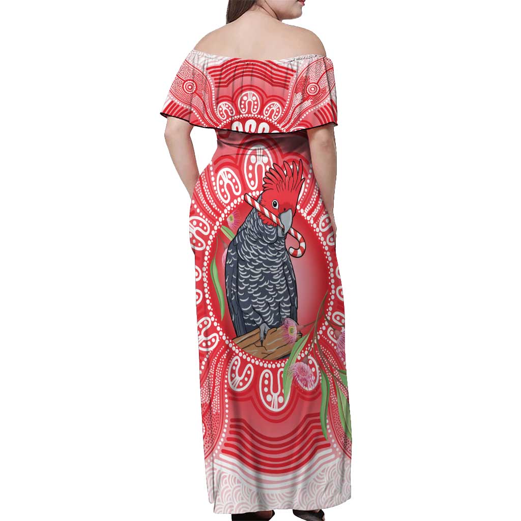Australia Gang-gang Cockatoo Christmas Off Shoulder Maxi Dress Eucalyptus Blossoms Aboriginal Merry Xmas - Aussie Hoodie