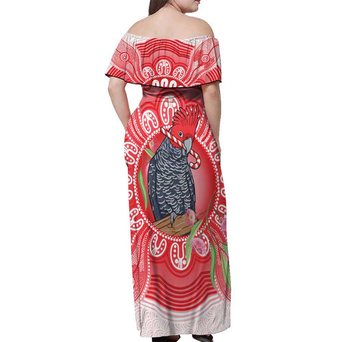 Australia Gang-gang Cockatoo Christmas Off Shoulder Maxi Dress Eucalyptus Blossoms Aboriginal Merry Xmas - Aussie Hoodie