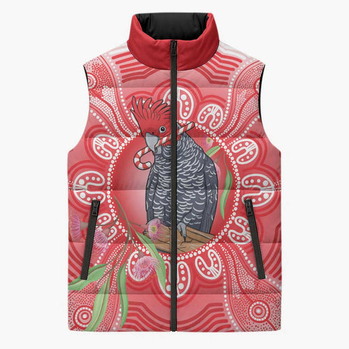 Australia Gang-gang Cockatoo Christmas Sleeveless Puffer Jacket Eucalyptus Blossoms Aboriginal Merry Xmas - Aussie Hoodie