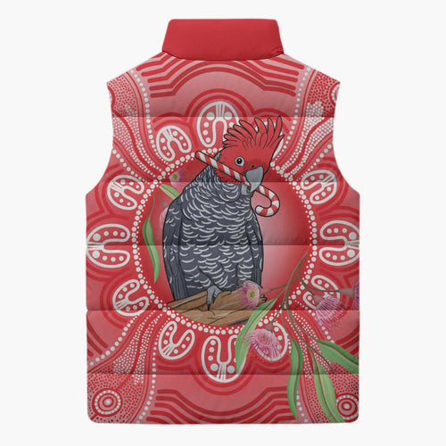 Australia Gang-gang Cockatoo Christmas Sleeveless Puffer Jacket Eucalyptus Blossoms Aboriginal Merry Xmas - Aussie Hoodie