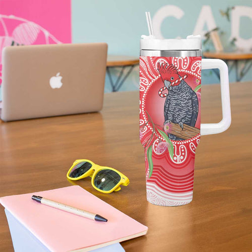 Australia Gang-gang Cockatoo Christmas Tumbler With Handle Eucalyptus Blossoms Aboriginal Merry Xmas - Aussie Hoodie