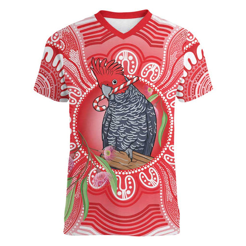 Australia Gang-gang Cockatoo Christmas Women V-Neck T-Shirt Eucalyptus Blossoms Aboriginal Merry Xmas - Aussie Hoodie