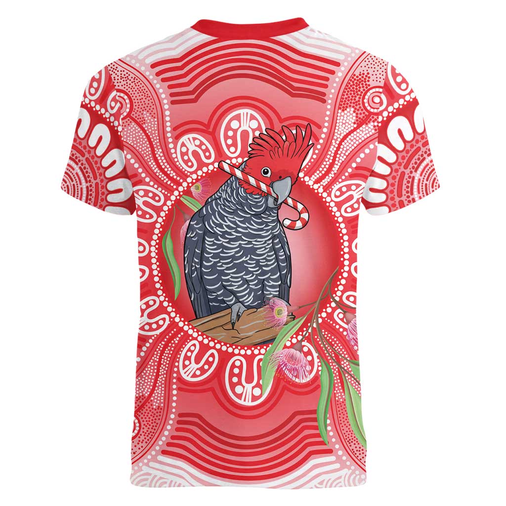 Australia Gang-gang Cockatoo Christmas Women V-Neck T-Shirt Eucalyptus Blossoms Aboriginal Merry Xmas - Aussie Hoodie