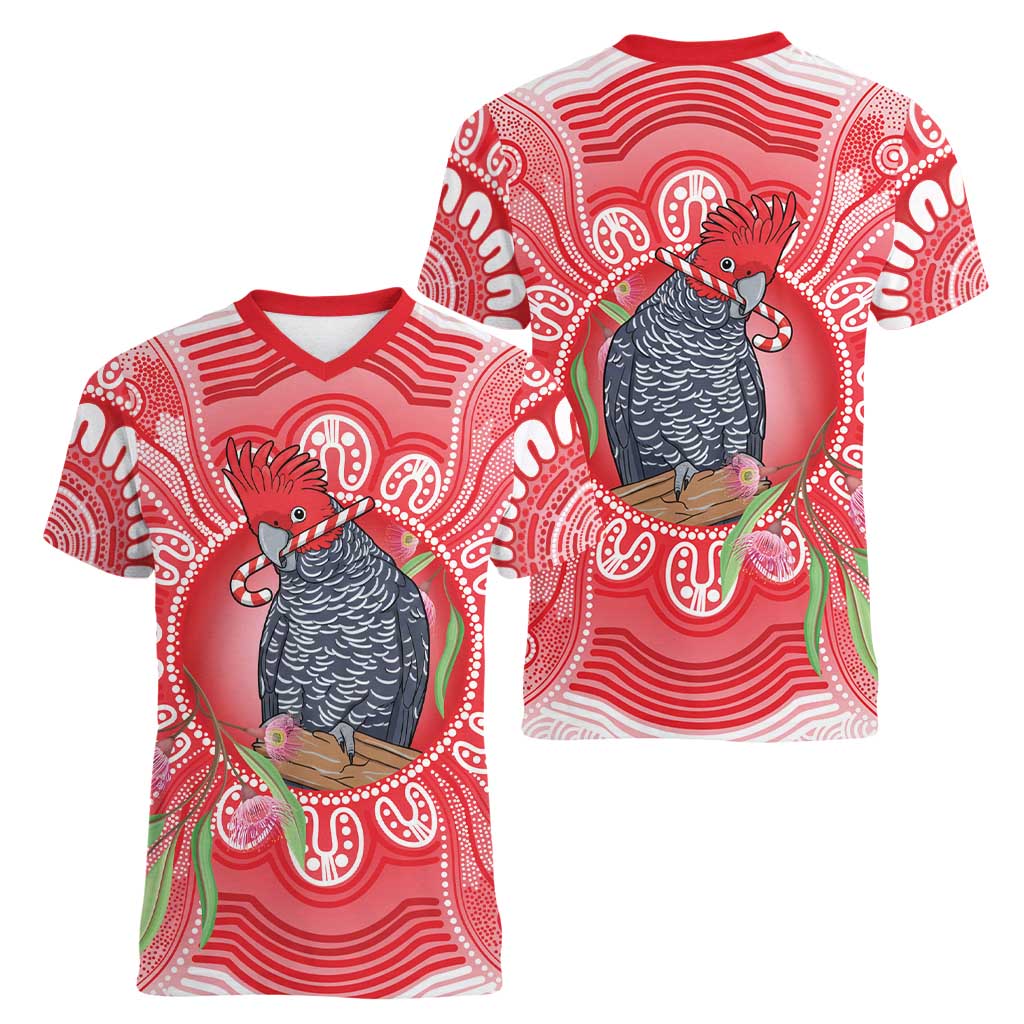 Australia Gang-gang Cockatoo Christmas Women V-Neck T-Shirt Eucalyptus Blossoms Aboriginal Merry Xmas - Aussie Hoodie