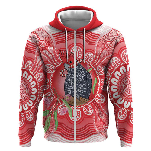 Australia Gang-gang Cockatoo Christmas Zip Hoodie Eucalyptus Blossoms Aboriginal Merry Xmas - Aussie Hoodie