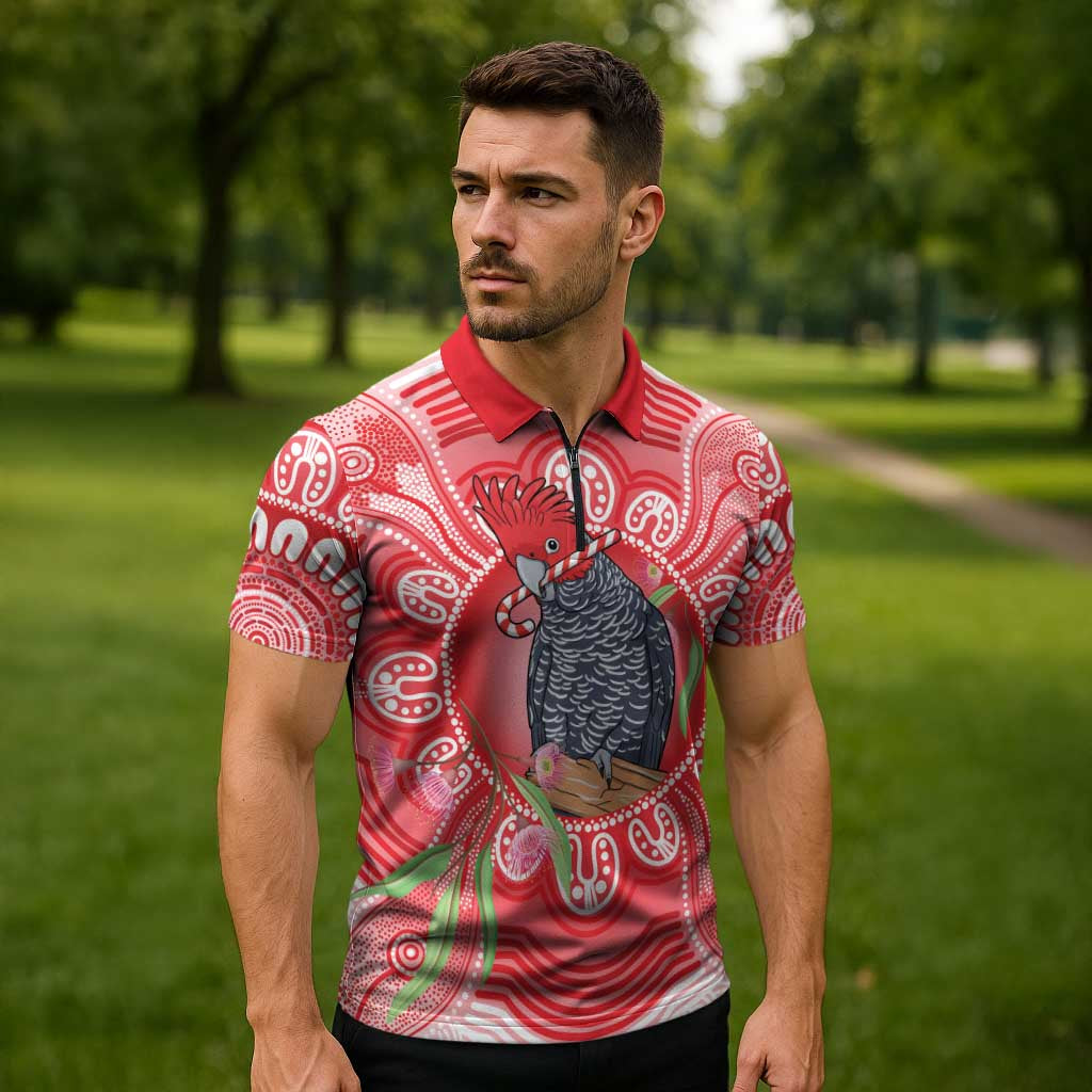Australia Gang-gang Cockatoo Christmas Zipper Polo Shirt Eucalyptus Blossoms Aboriginal Merry Xmas - Aussie Hoodie