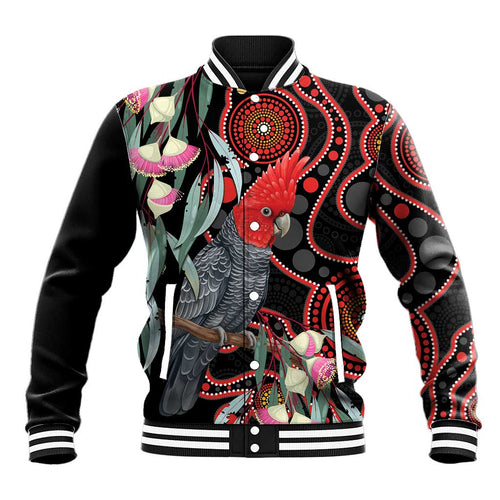 Gang-gang Cockatoo Australia Baseball Jacket Eucalyptus Blossoms Aboriginal Art - Aussie Hoodie
