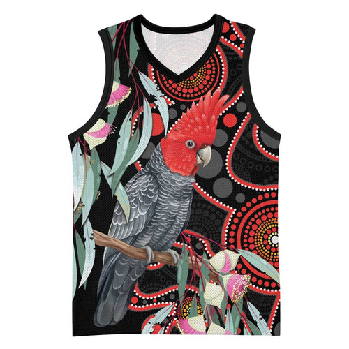 Gang-gang Cockatoo Australia Basketball Jersey Eucalyptus Blossoms Aboriginal Art - Aussie Hoodie