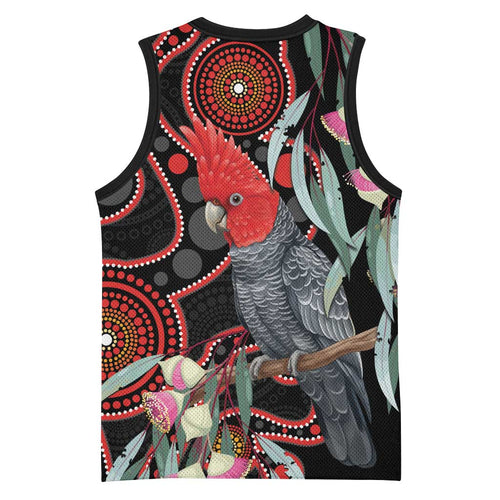 Gang-gang Cockatoo Australia Basketball Jersey Eucalyptus Blossoms Aboriginal Art - Aussie Hoodie