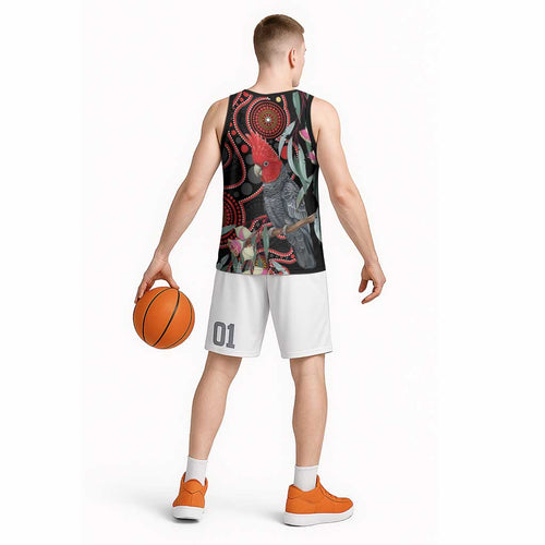 Gang-gang Cockatoo Australia Basketball Jersey Eucalyptus Blossoms Aboriginal Art - Aussie Hoodie