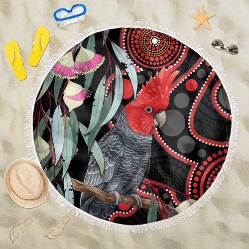 Gang-gang Cockatoo Australia Beach Blanket Eucalyptus Blossoms Aboriginal Art - Aussie Hoodie