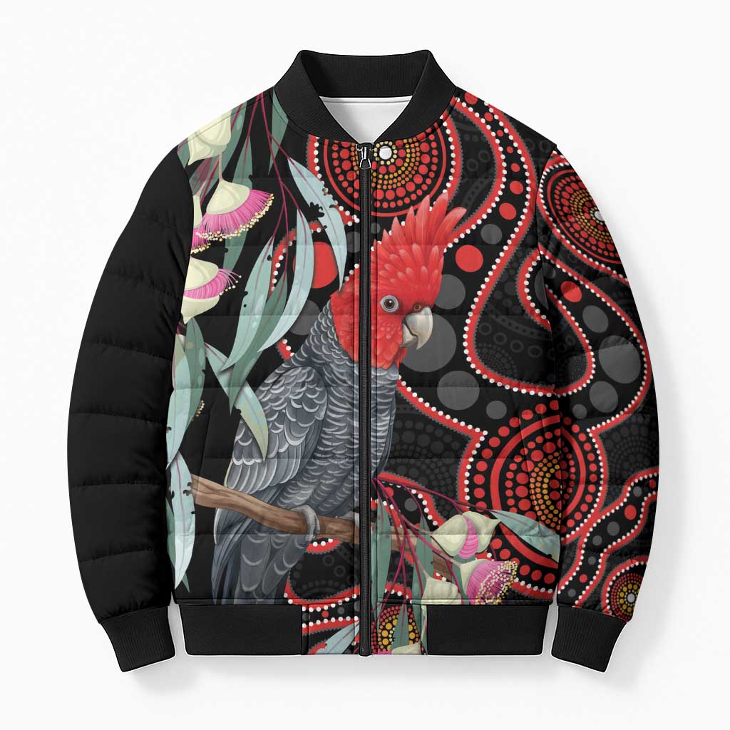 Gang-gang Cockatoo Australia Bomber Puffer Jacket Eucalyptus Blossoms Aboriginal Art - Aussie Hoodie