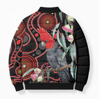 Gang-gang Cockatoo Australia Bomber Puffer Jacket Eucalyptus Blossoms Aboriginal Art - Aussie Hoodie