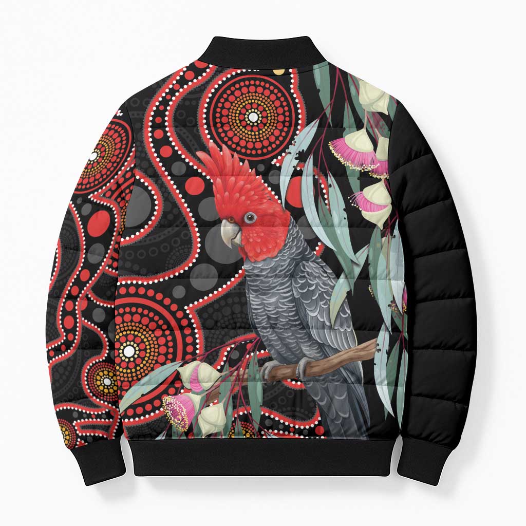 Gang-gang Cockatoo Australia Bomber Puffer Jacket Eucalyptus Blossoms Aboriginal Art - Aussie Hoodie