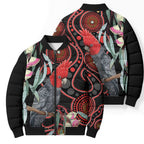 Gang-gang Cockatoo Australia Bomber Puffer Jacket Eucalyptus Blossoms Aboriginal Art - Aussie Hoodie