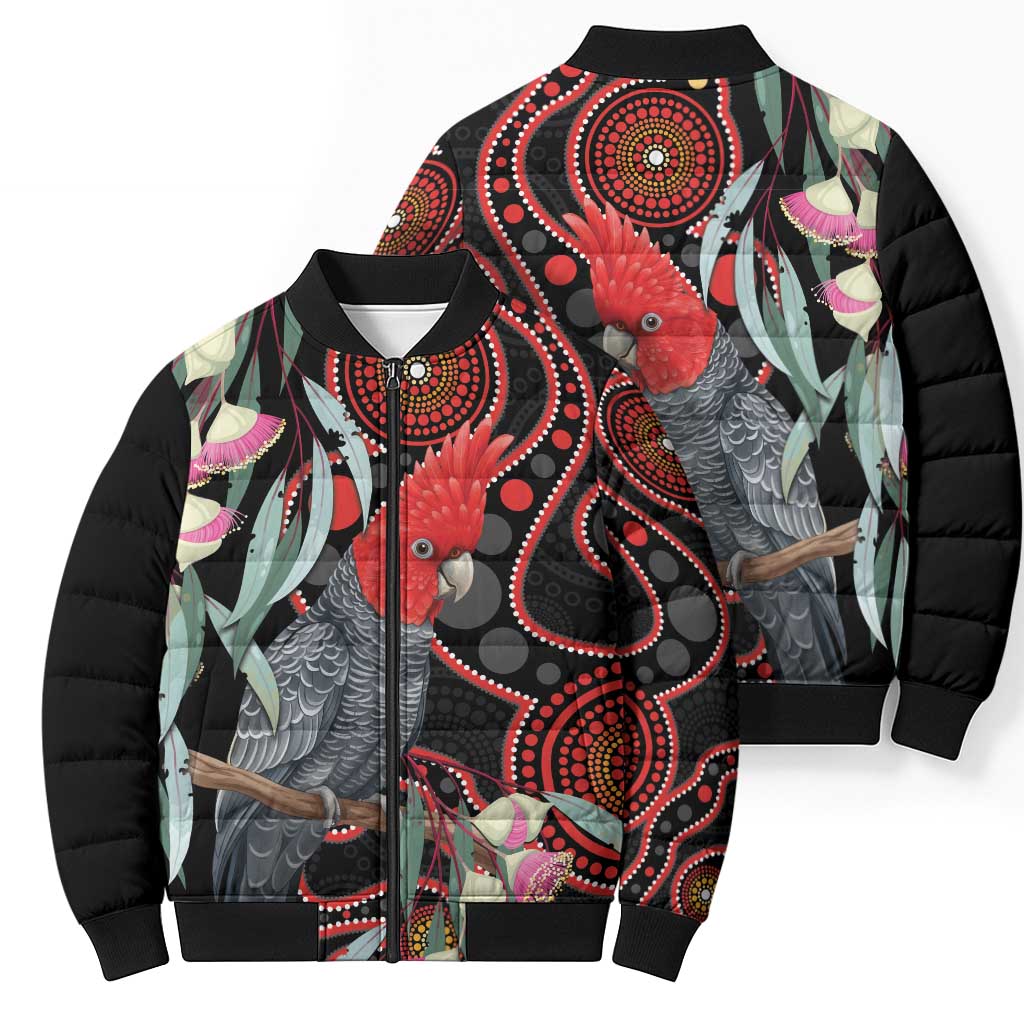 Gang-gang Cockatoo Australia Bomber Puffer Jacket Eucalyptus Blossoms Aboriginal Art - Aussie Hoodie