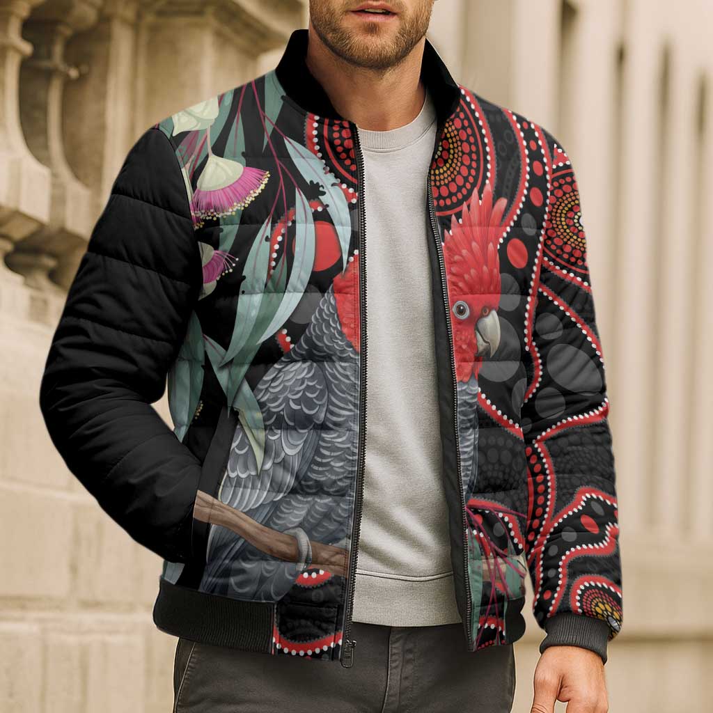 Gang-gang Cockatoo Australia Bomber Puffer Jacket Eucalyptus Blossoms Aboriginal Art - Aussie Hoodie