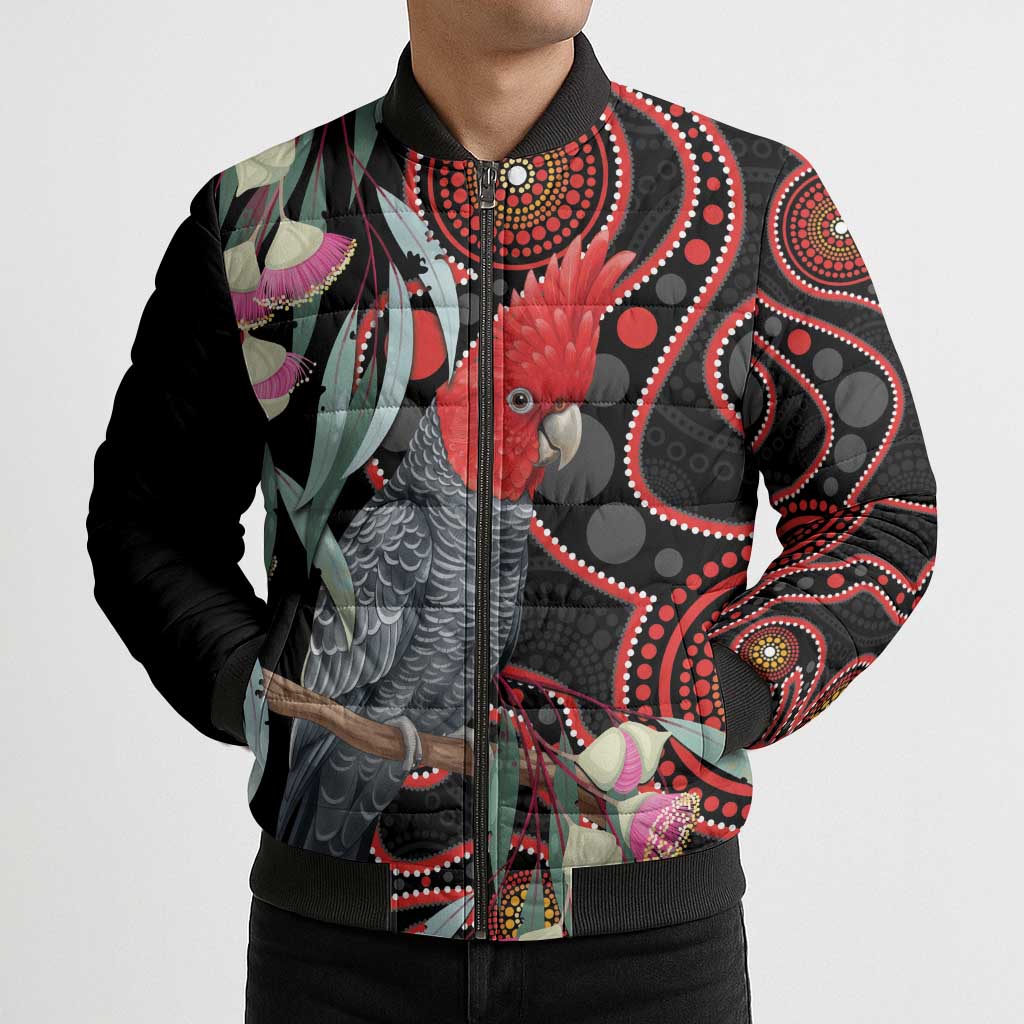 Gang-gang Cockatoo Australia Bomber Puffer Jacket Eucalyptus Blossoms Aboriginal Art - Aussie Hoodie