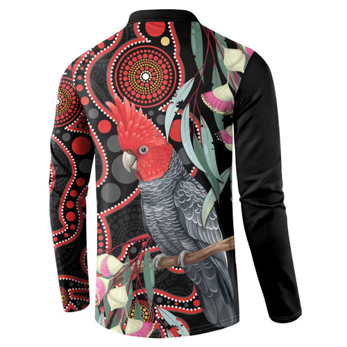 Gang-gang Cockatoo Australia Button Sweatshirt Eucalyptus Blossoms Aboriginal Art - Aussie Hoodie