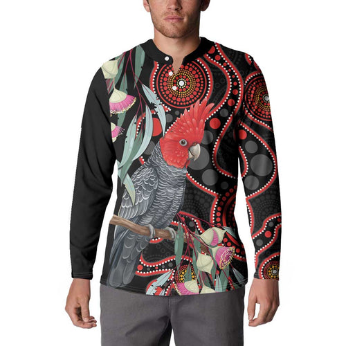 Gang-gang Cockatoo Australia Button Sweatshirt Eucalyptus Blossoms Aboriginal Art - Aussie Hoodie