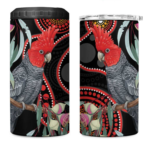 Gang-gang Cockatoo Australia 4 in 1 Can Cooler Tumbler Eucalyptus Blossoms Aboriginal Art - Aussie Hoodie