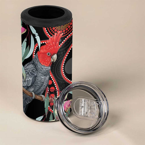Gang-gang Cockatoo Australia 4 in 1 Can Cooler Tumbler Eucalyptus Blossoms Aboriginal Art - Aussie Hoodie