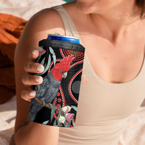Gang-gang Cockatoo Australia 4 in 1 Can Cooler Tumbler Eucalyptus Blossoms Aboriginal Art - Aussie Hoodie