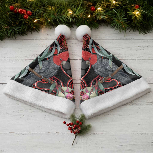 Gang-gang Cockatoo Australia Christmas Santa Hat Eucalyptus Blossoms Aboriginal Art - Aussie Hoodie
