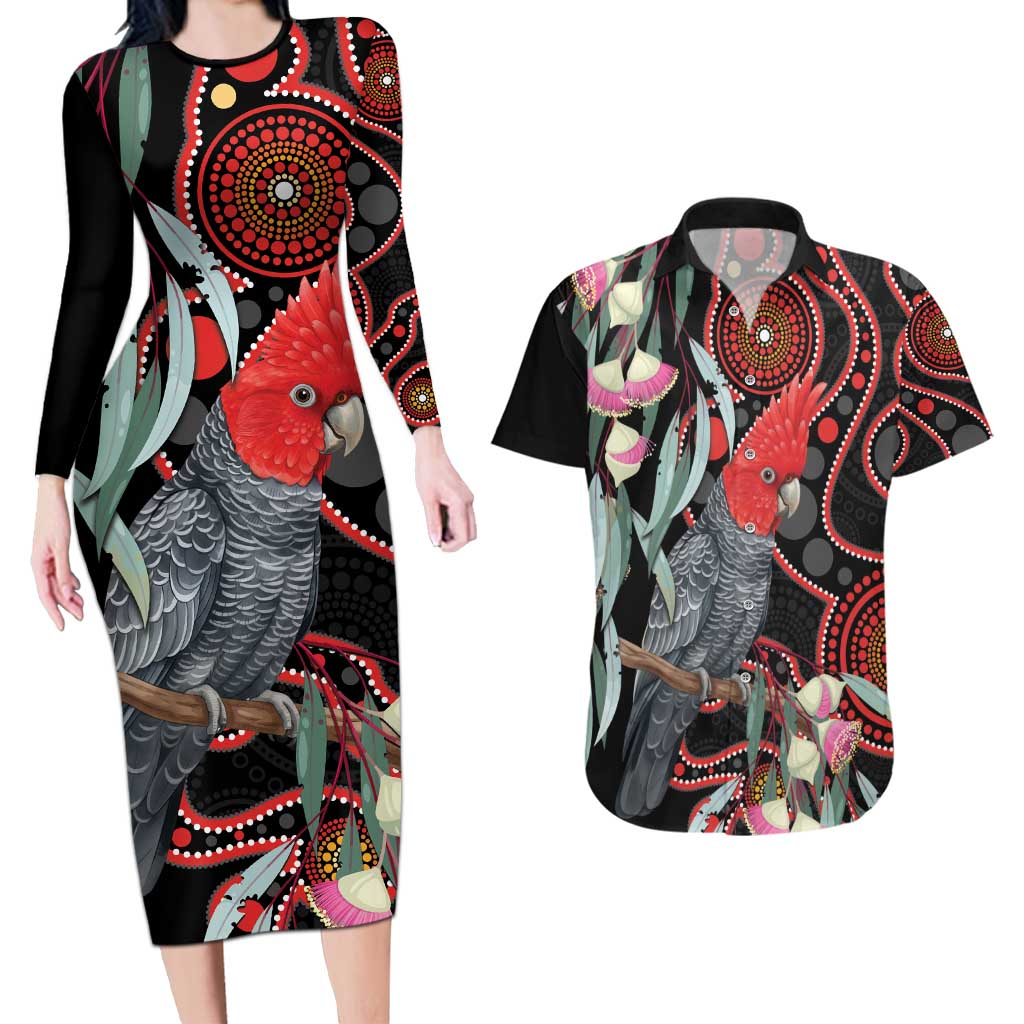 Gang-gang Cockatoo Australia Couples Matching Long Sleeve Bodycon Dress and Hawaiian Shirt Eucalyptus Blossoms Aboriginal Art - Aussie Hoodie