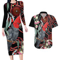 Gang-gang Cockatoo Australia Couples Matching Long Sleeve Bodycon Dress and Hawaiian Shirt Eucalyptus Blossoms Aboriginal Art - Aussie Hoodie