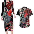 Gang-gang Cockatoo Australia Couples Matching Long Sleeve Bodycon Dress and Hawaiian Shirt Eucalyptus Blossoms Aboriginal Art - Aussie Hoodie