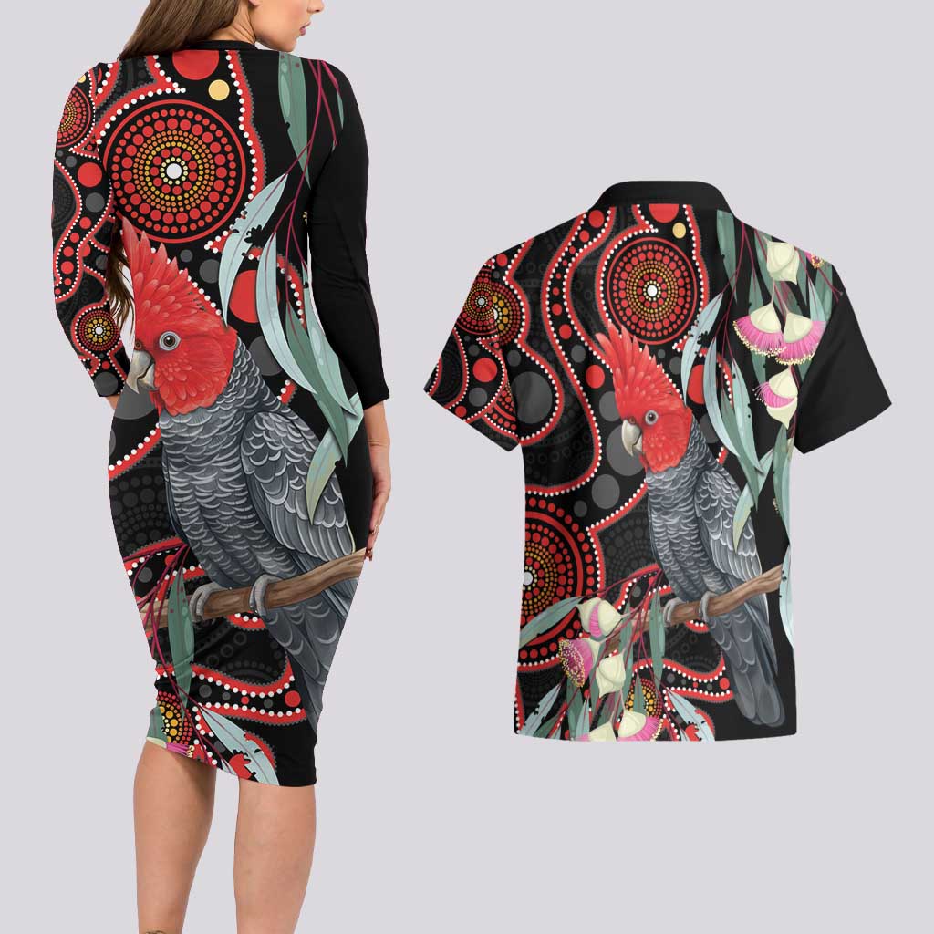 Gang-gang Cockatoo Australia Couples Matching Long Sleeve Bodycon Dress and Hawaiian Shirt Eucalyptus Blossoms Aboriginal Art - Aussie Hoodie