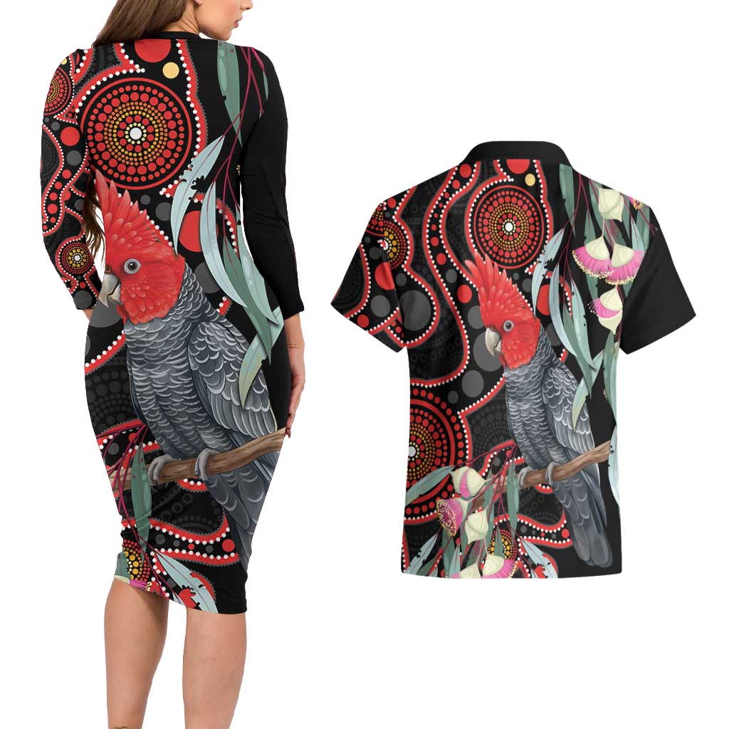Gang-gang Cockatoo Australia Couples Matching Long Sleeve Bodycon Dress and Hawaiian Shirt Eucalyptus Blossoms Aboriginal Art - Aussie Hoodie