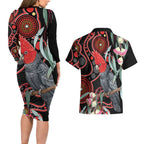 Gang-gang Cockatoo Australia Couples Matching Long Sleeve Bodycon Dress and Hawaiian Shirt Eucalyptus Blossoms Aboriginal Art - Aussie Hoodie