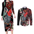 Gang-gang Cockatoo Australia Couples Matching Long Sleeve Bodycon Dress and Long Sleeve Button Shirt Eucalyptus Blossoms Aboriginal Art - Aussie Hoodie