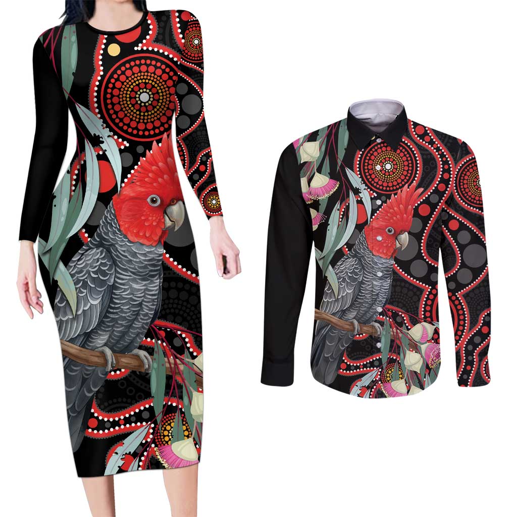 Gang-gang Cockatoo Australia Couples Matching Long Sleeve Bodycon Dress and Long Sleeve Button Shirt Eucalyptus Blossoms Aboriginal Art - Aussie Hoodie