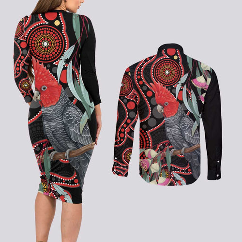 Gang-gang Cockatoo Australia Couples Matching Long Sleeve Bodycon Dress and Long Sleeve Button Shirt Eucalyptus Blossoms Aboriginal Art - Aussie Hoodie