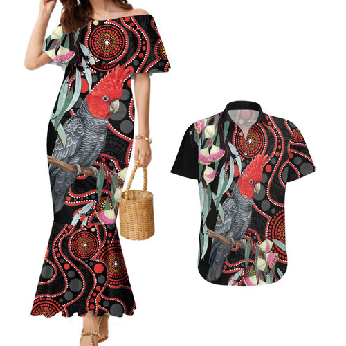 Gang-gang Cockatoo Australia Couples Matching Mermaid Dress and Hawaiian Shirt Eucalyptus Blossoms Aboriginal Art - Aussie Hoodie