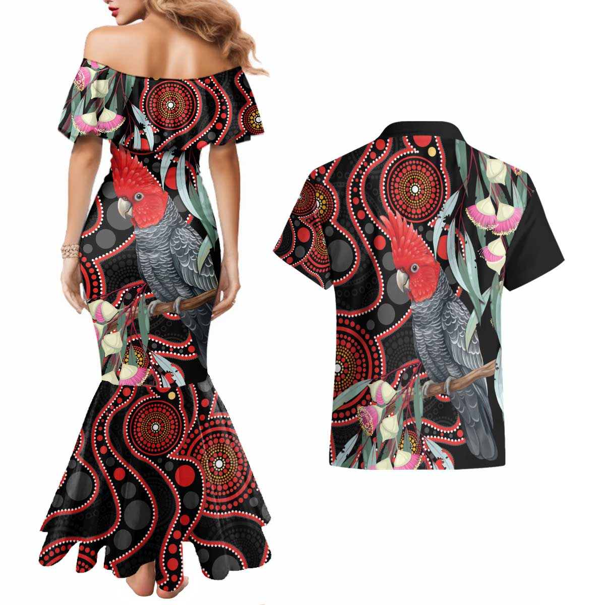 Gang-gang Cockatoo Australia Couples Matching Mermaid Dress and Hawaiian Shirt Eucalyptus Blossoms Aboriginal Art - Aussie Hoodie
