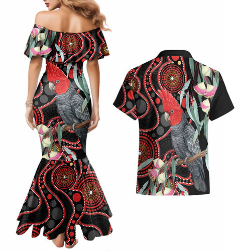 Gang-gang Cockatoo Australia Couples Matching Mermaid Dress and Hawaiian Shirt Eucalyptus Blossoms Aboriginal Art - Aussie Hoodie