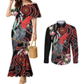 Gang-gang Cockatoo Australia Couples Matching Mermaid Dress and Long Sleeve Button Shirt Eucalyptus Blossoms Aboriginal Art - Aussie Hoodie