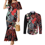 Gang-gang Cockatoo Australia Couples Matching Mermaid Dress and Long Sleeve Button Shirt Eucalyptus Blossoms Aboriginal Art - Aussie Hoodie